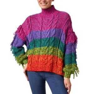 $250 NEW FARM Rio rainbow relaxed fit mid weight knit fringe sweater XS S.M NWT